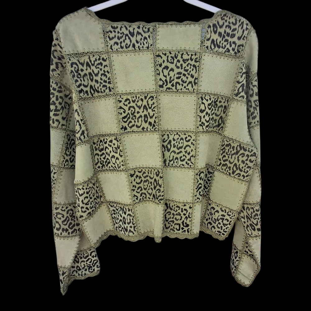 Leather Patchwork Blazer Solid Green & Animal Pri… - image 5